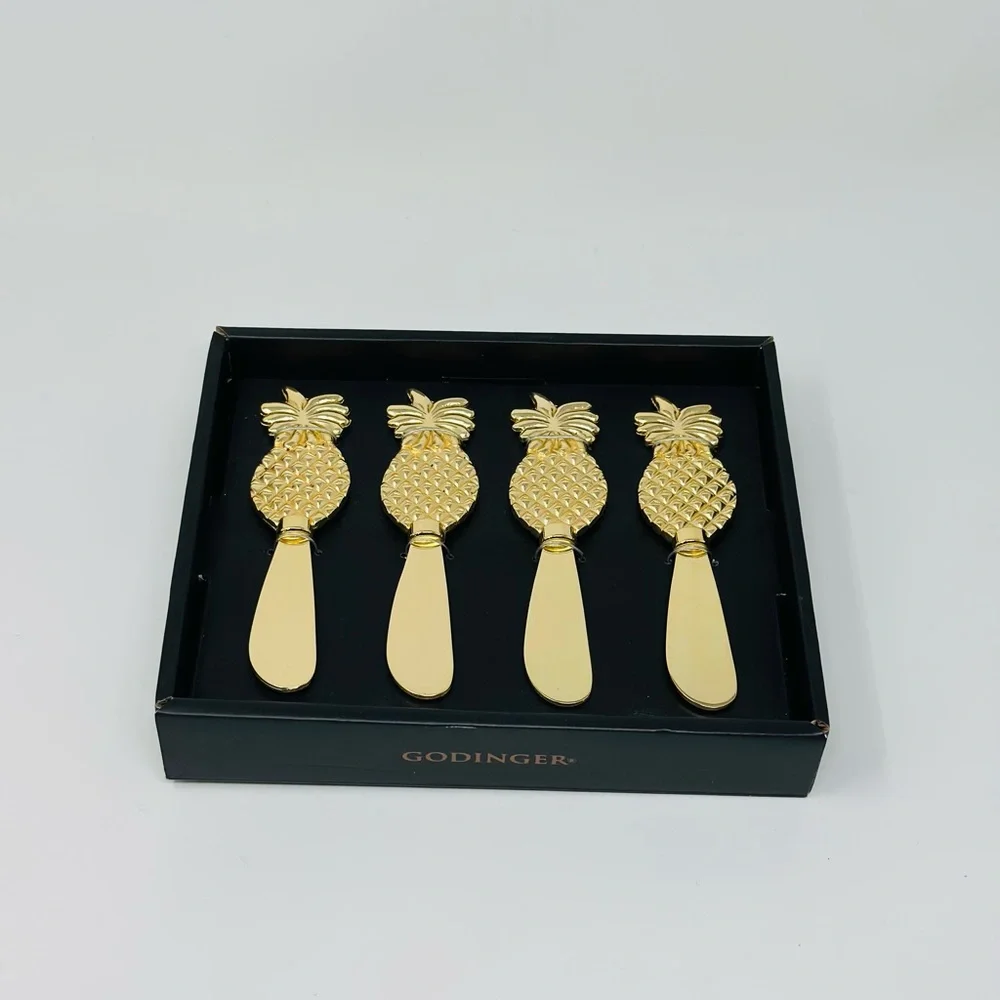 Godinger Pineapple Design Dessert Cheese Spreaders Gold Finish Set of Four w/box